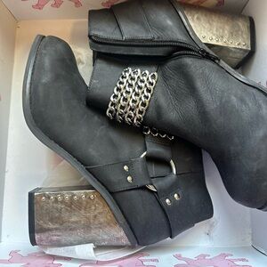 Jeffrey Campbell Black and Silver Ankle Booties with Chain Detail